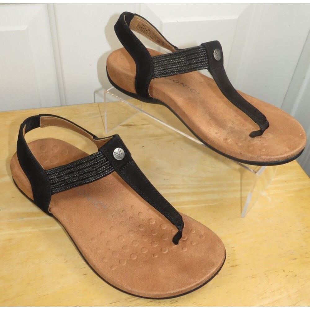 Vionic Brea T-Strap Black Suede Leather Sandals Women's Size 8-Wide
